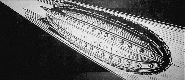 The Tethys II bored though interstellar space (modified from Charles Schneeman, Astounding, Jan, 1940).